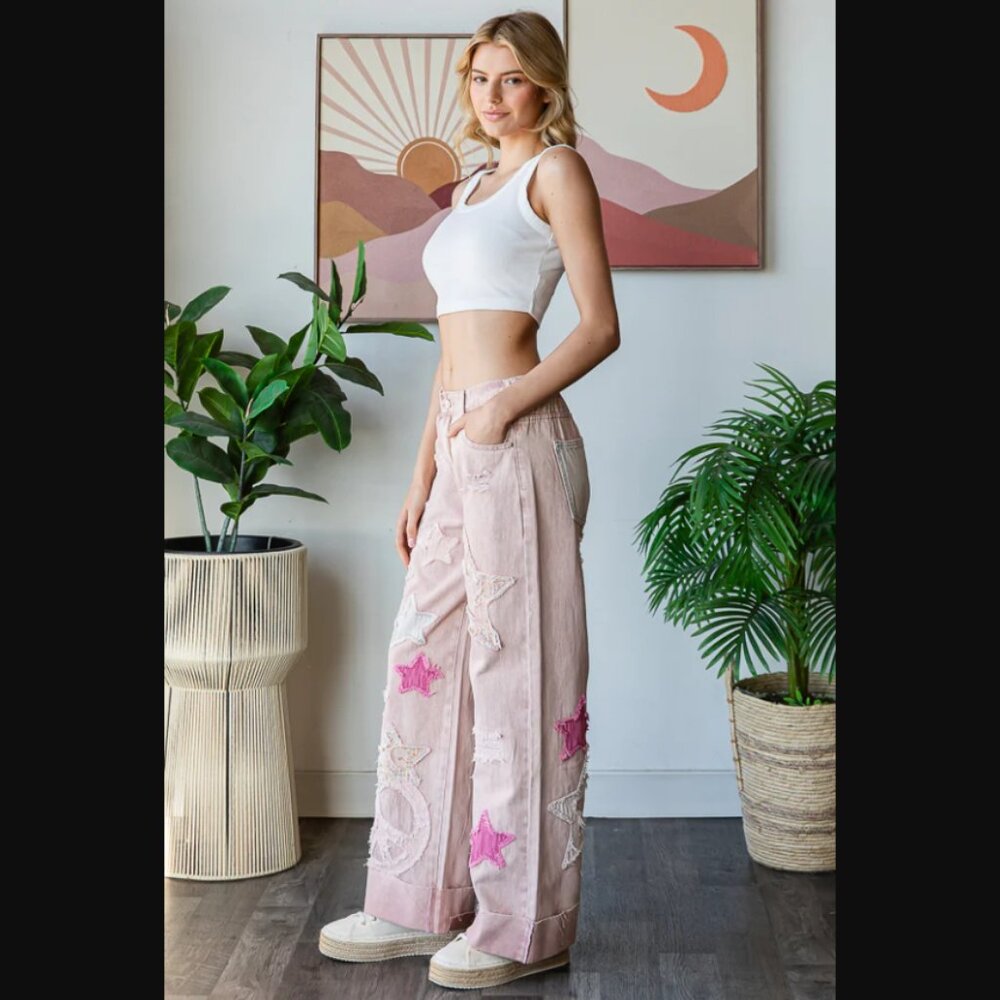Oli & Hali Light Pink Wide Leg Jeans with Star Patches - Picture 2 of 6